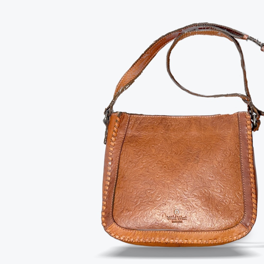 Wild West Los Angeles Leather Crossbody Bag Brown Floral Embossed Whipstitch Med